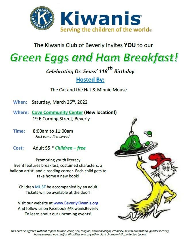 Kiwanis Club of Beverly hosts the 2022 Green Eggs & Ham Breakfast!